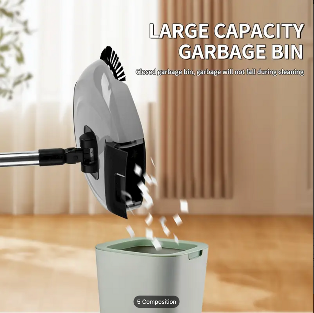 Balai 3-en-1 Rotatif à Pousser — Balai, Ramasse-miettes &amp; Mop pour Sols Durs