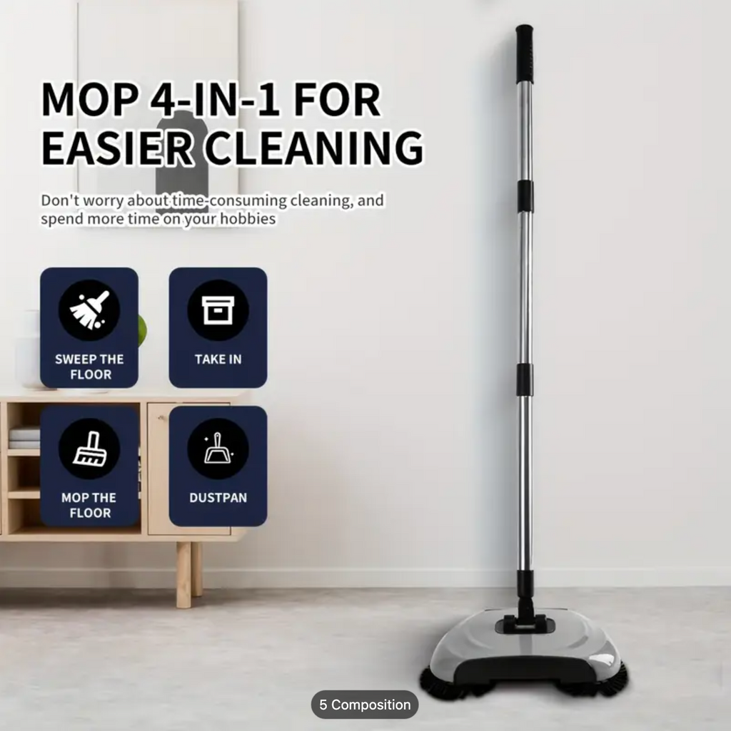 Balai 3-en-1 Rotatif à Pousser — Balai, Ramasse-miettes &amp; Mop pour Sols Durs