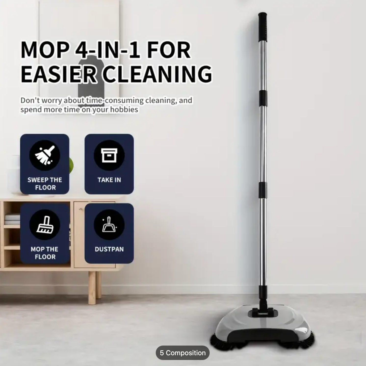 Balai 3-en-1 Rotatif à Pousser — Balai, Ramasse-miettes &amp; Mop pour Sols Durs