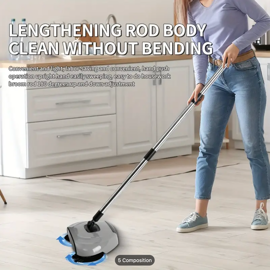 Balai 3-en-1 Rotatif à Pousser — Balai, Ramasse-miettes &amp; Mop pour Sols Durs