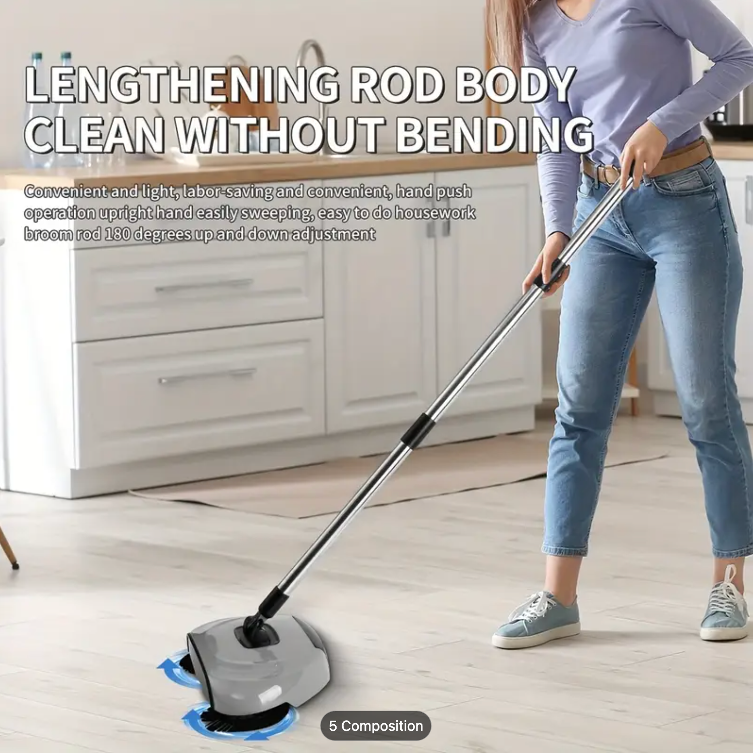 Balai 3-en-1 Rotatif à Pousser — Balai, Ramasse-miettes &amp; Mop pour Sols Durs